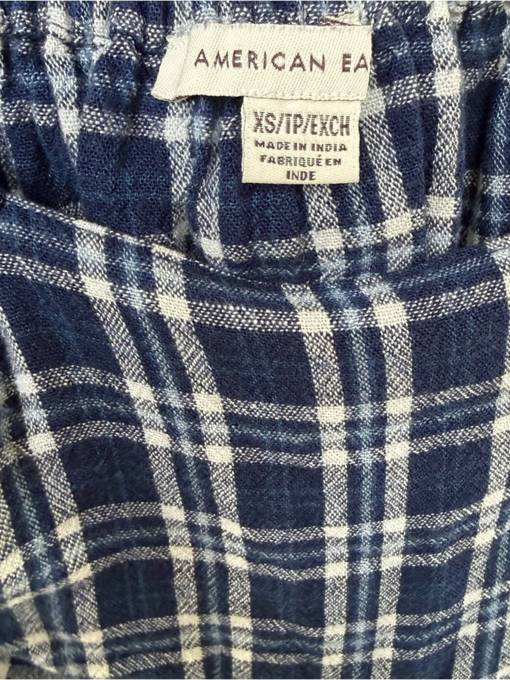 American Eagle Navy Blue Plaid Puff Sleeve Babydoll Cottagecore Mini Dress - Picture 5 of 6